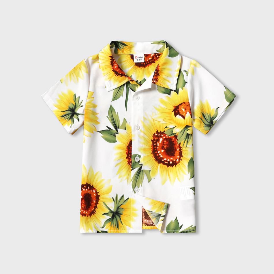 Family Matching All Over Yellow Sunflowers Floral Print Spaghetti Strap Dresses and Short-sleeve Shirts Sets yellowwhite big image 7