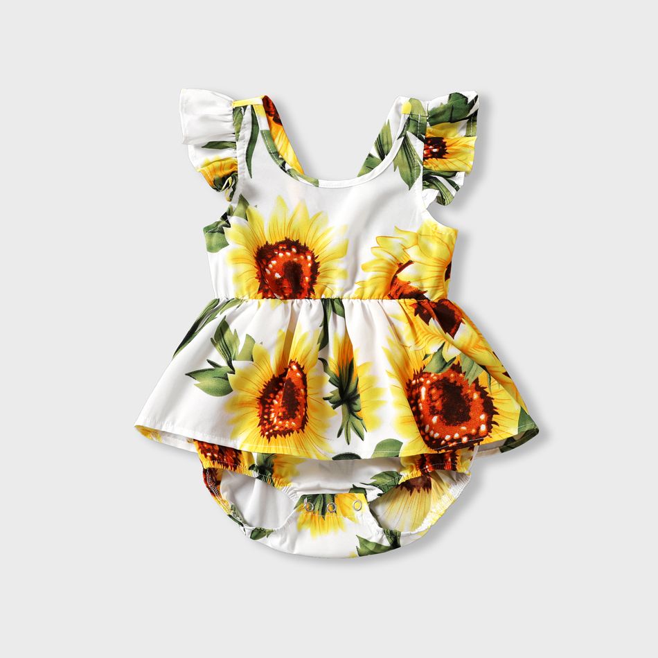 Family Matching All Over Yellow Sunflowers Floral Print Spaghetti Strap Dresses and Short-sleeve Shirts Sets yellowwhite big image 10