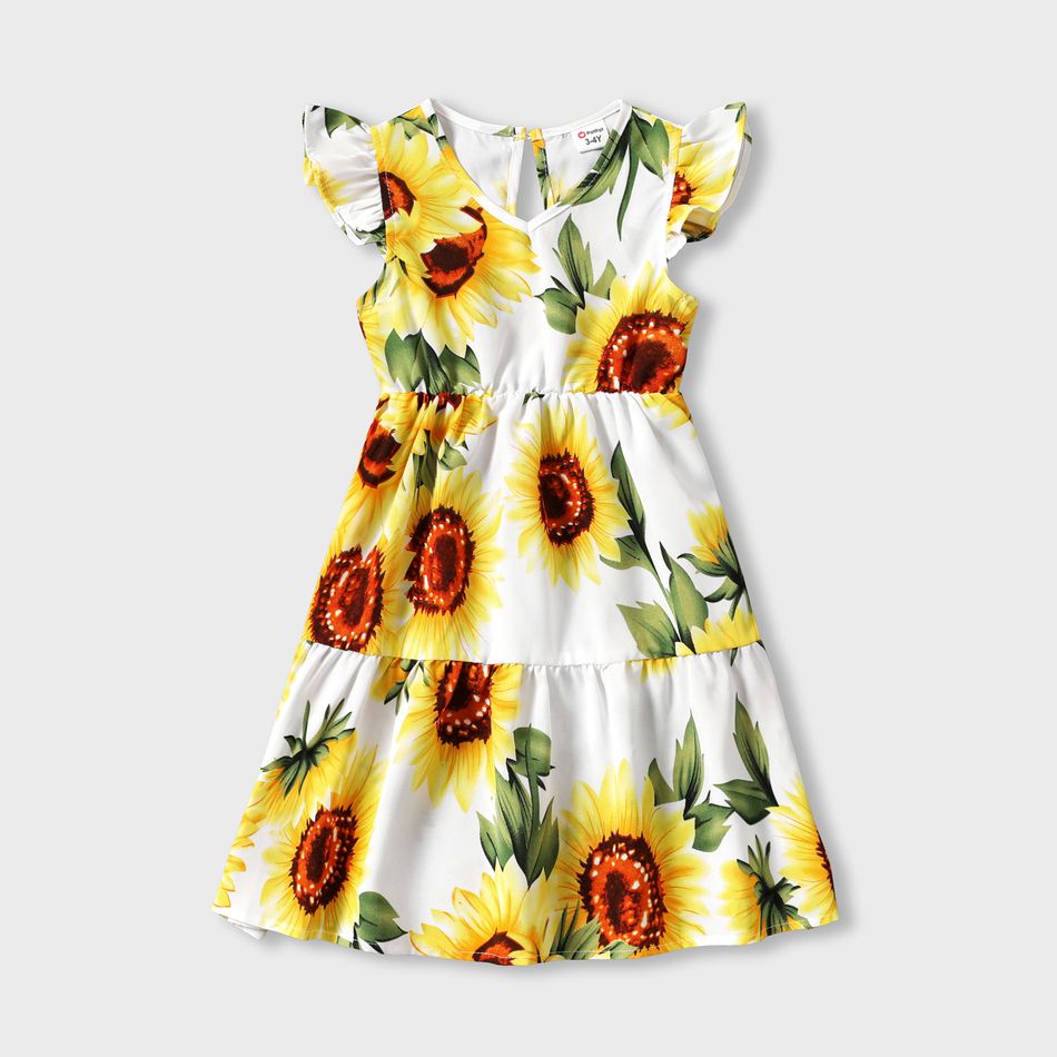 Family Matching All Over Yellow Sunflowers Floral Print Spaghetti Strap Dresses and Short-sleeve Shirts Sets yellowwhite big image 5