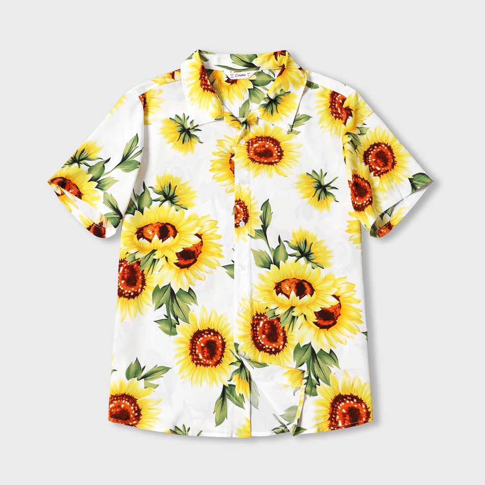 Family Matching All Over Yellow Sunflowers Floral Print Spaghetti Strap Dresses and Short-sleeve Shirts Sets yellowwhite big image 15