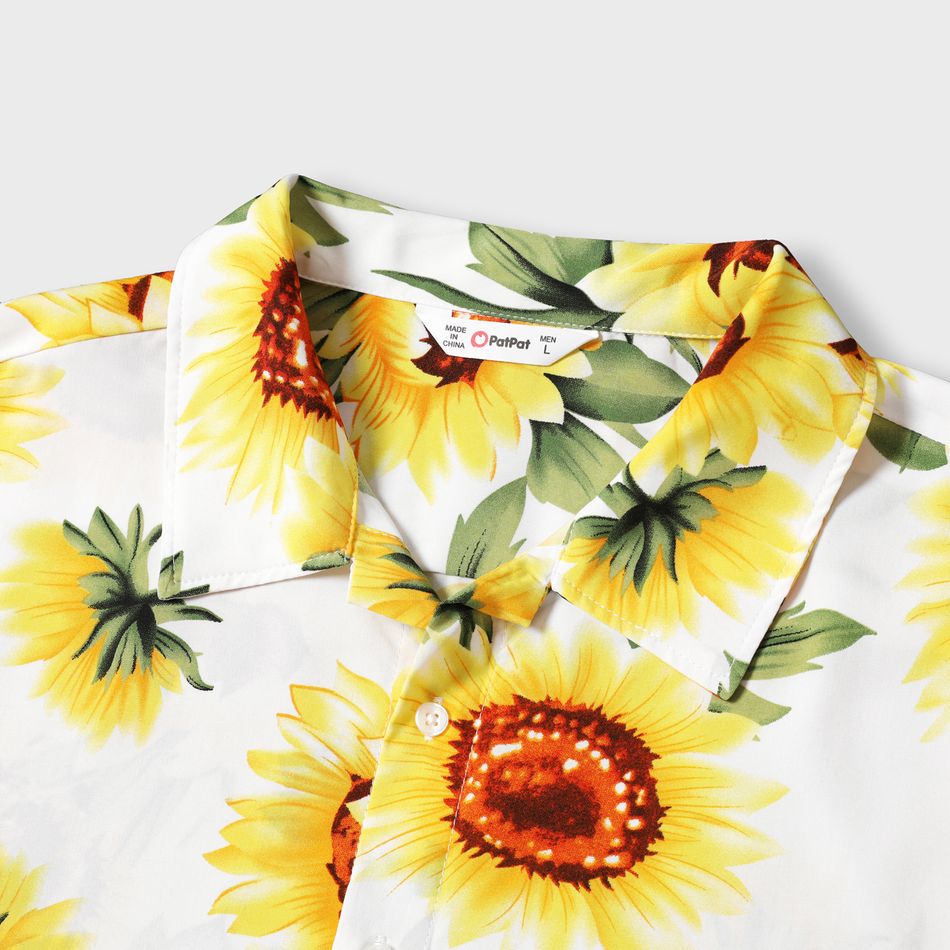 Family Matching All Over Yellow Sunflowers Floral Print Spaghetti Strap Dresses and Short-sleeve Shirts Sets yellowwhite big image 14