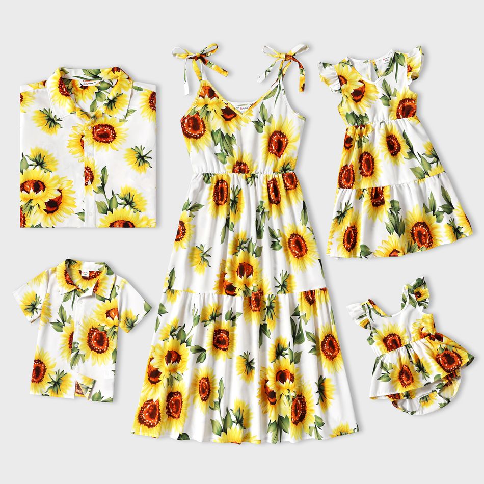 Family Matching All Over Yellow Sunflowers Floral Print Spaghetti Strap Dresses and Short-sleeve Shirts Sets yellowwhite
