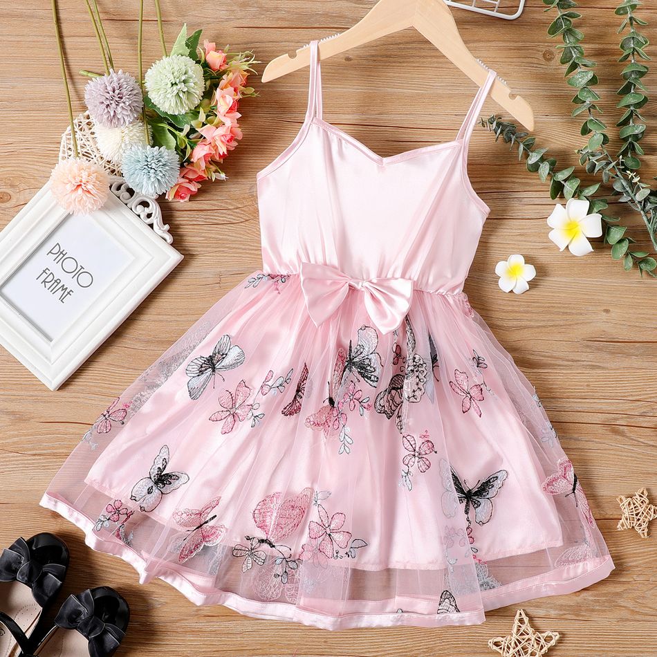 Kid Girl Floral Butterfly Embroidered Bowknot Design Mesh Splice Party Dress Pink