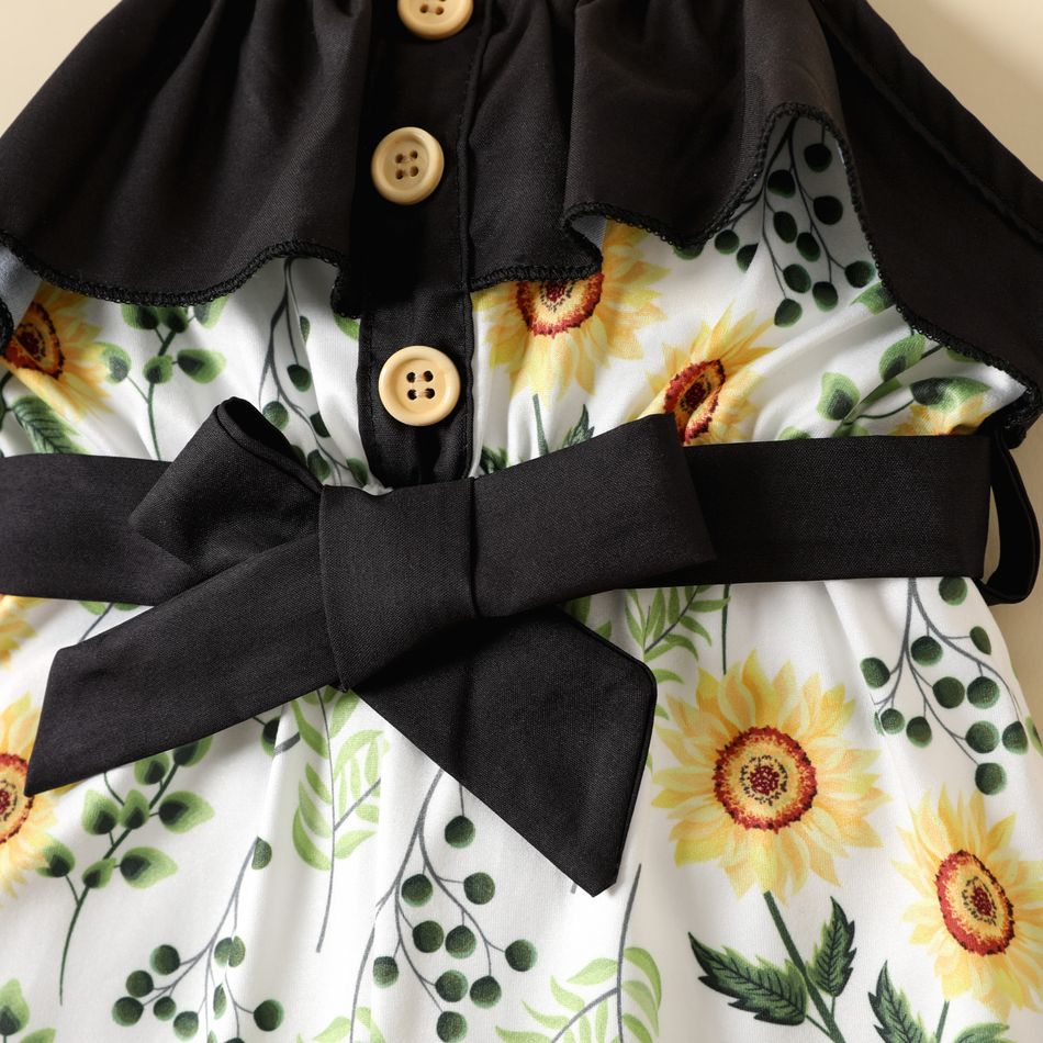 2pcs Baby Girl Black Spaghetti Strap Belted Splicing Floral Print Romper with Headband Set Multi-color big image 3