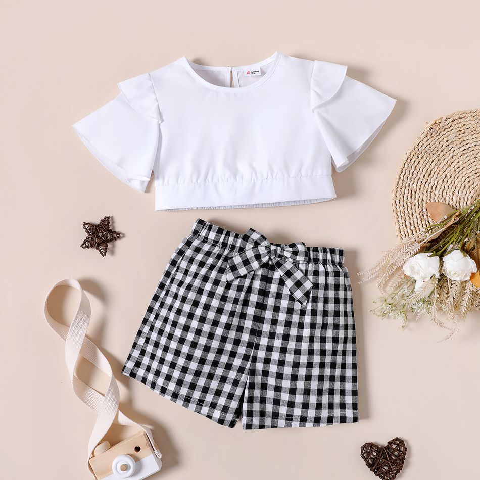 2pcs Toddler Girl Short Butterfly Sleeve White Tee and Bowknot Design Plaid Shorts Set BlackandWhite