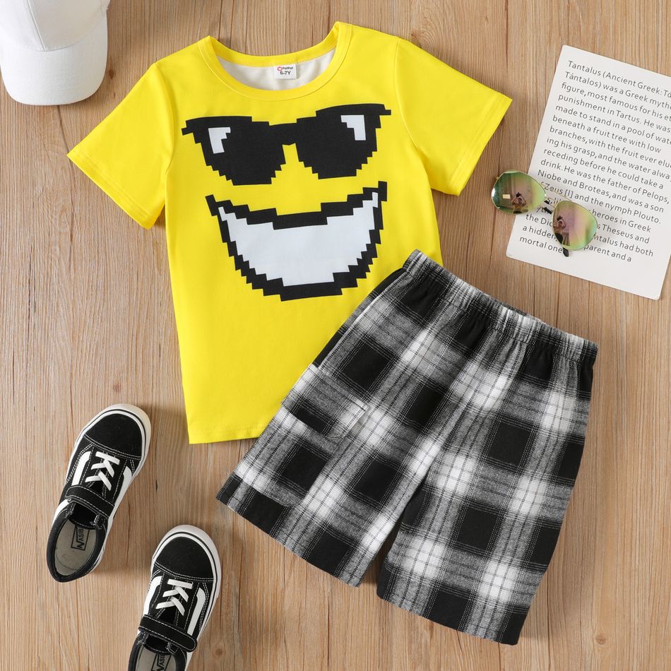 2pcs Kid Boy Emoji Print Short-sleeve Yellow Tee and Plaid Pocket Design Shorts Set Yellow