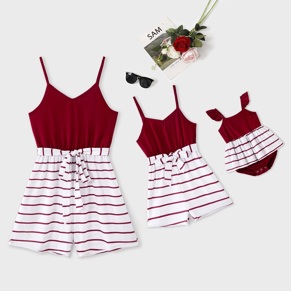 Solid V Neck Spaghetti Strap Splicing Striped Belted Romper Shorts for Mom and Me MAROON