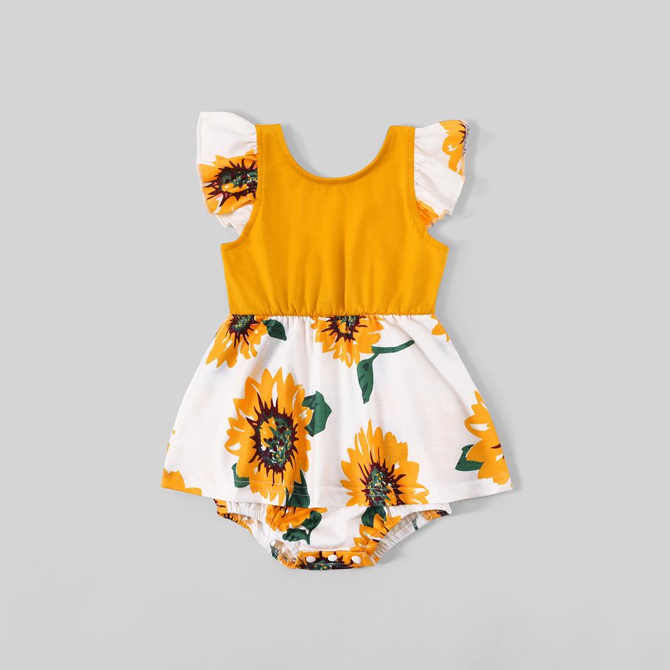 Family Matching Yellow Ruffle V Neck Spaghetti Strap Splicing Sunflowers Print Tiered Dresses and Short-sleeve T-shirts Sets Yellow big image 8