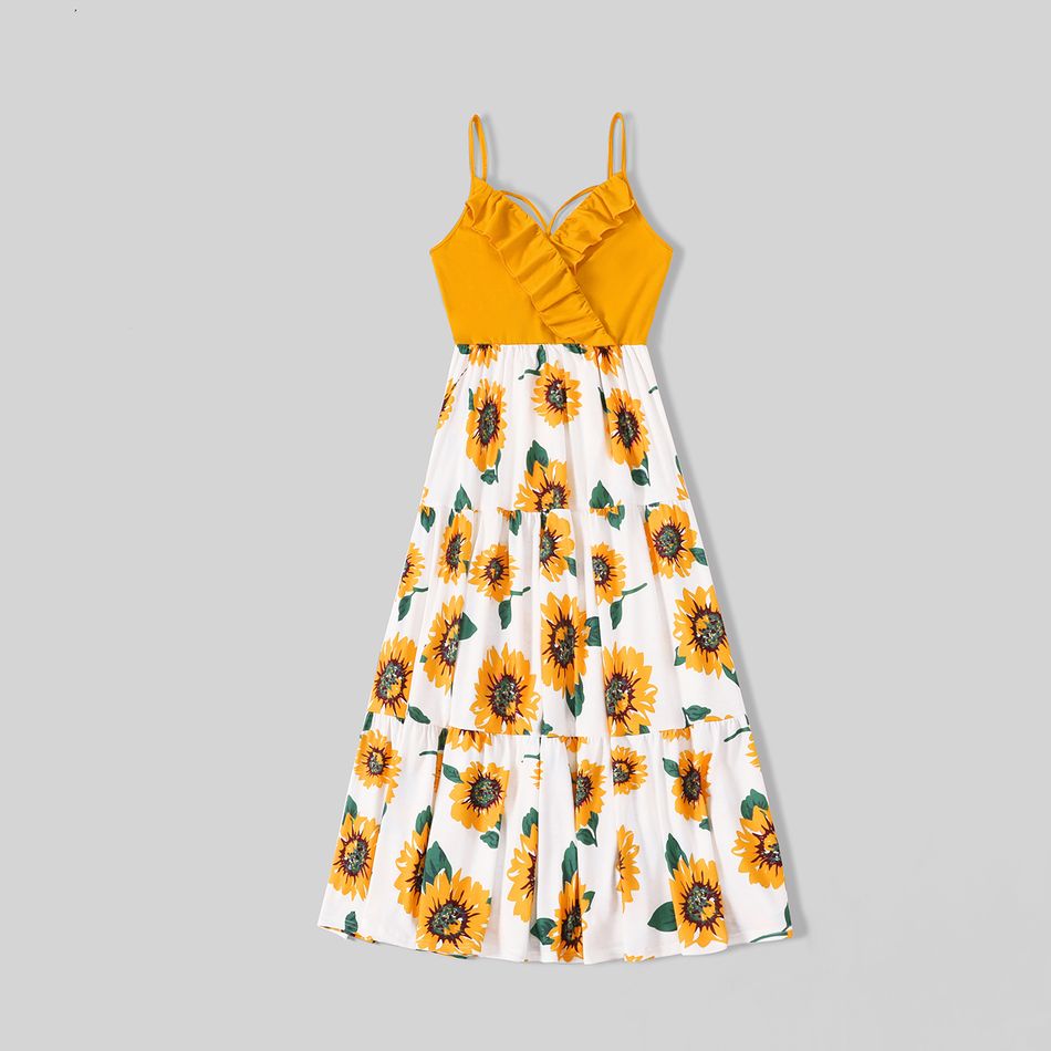 Family Matching Yellow Ruffle V Neck Spaghetti Strap Splicing Sunflowers Print Tiered Dresses and Short-sleeve T-shirts Sets Yellow big image 2