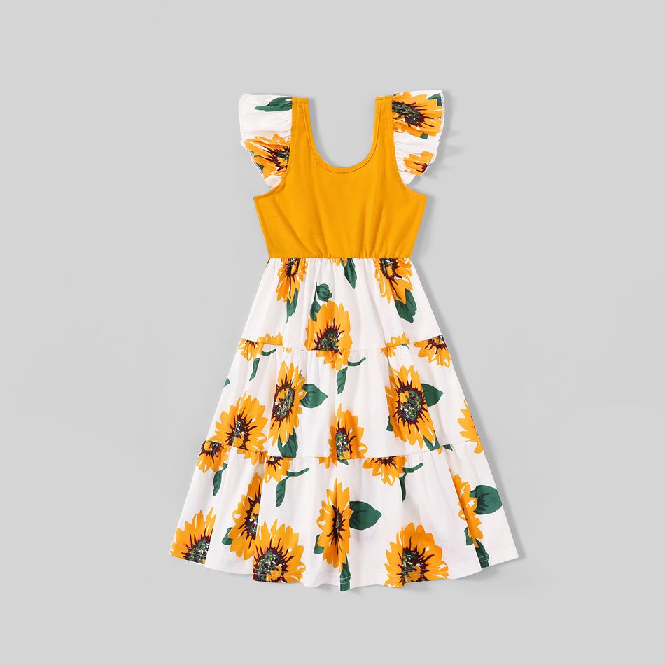 Family Matching Yellow Ruffle V Neck Spaghetti Strap Splicing Sunflowers Print Tiered Dresses and Short-sleeve T-shirts Sets Yellow big image 6