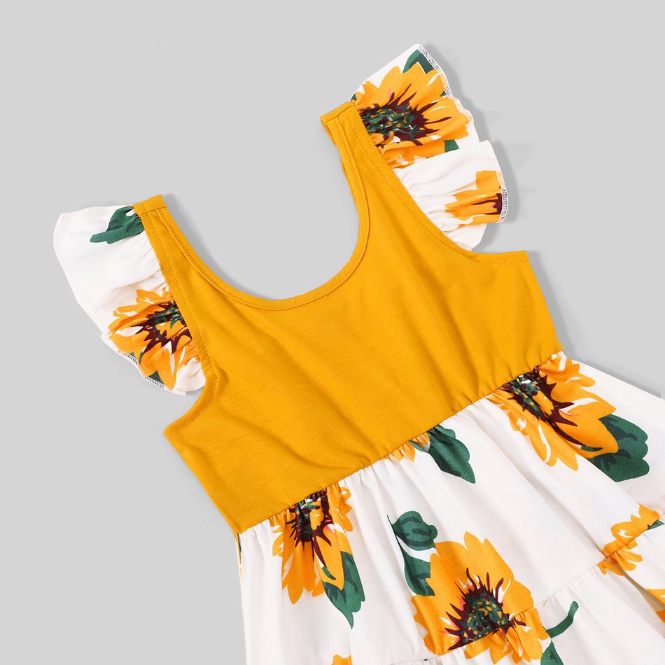 Family Matching Yellow Ruffle V Neck Spaghetti Strap Splicing Sunflowers Print Tiered Dresses and Short-sleeve T-shirts Sets Yellow big image 7