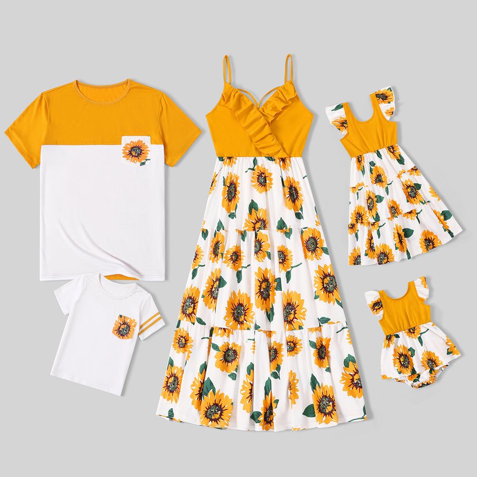 Family Matching Yellow Ruffle V Neck Spaghetti Strap Splicing Sunflowers Print Tiered Dresses and Short-sleeve T-shirts Sets Yellow big image 1
