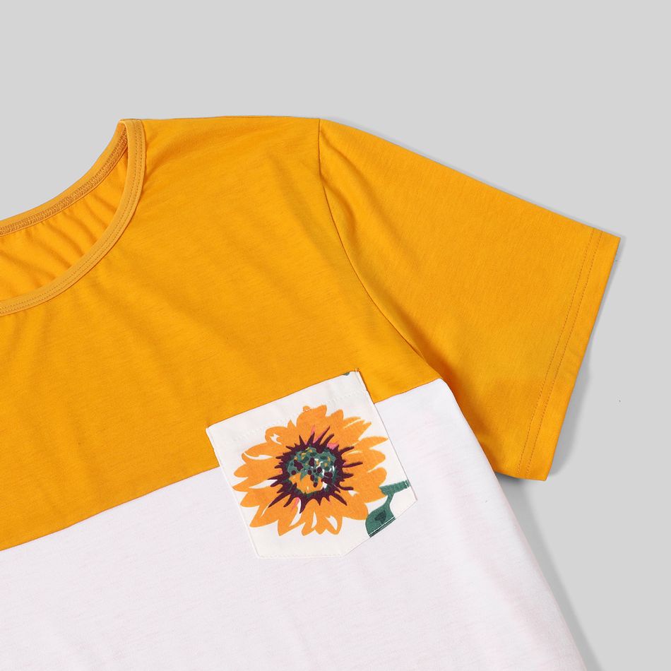 Family Matching Yellow Ruffle V Neck Spaghetti Strap Splicing Sunflowers Print Tiered Dresses and Short-sleeve T-shirts Sets Yellow big image 12