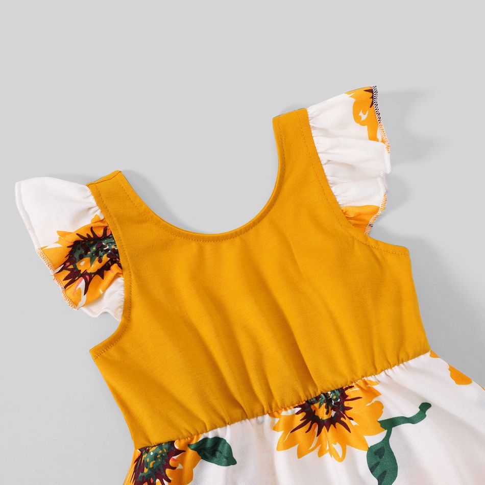 Family Matching Yellow Ruffle V Neck Spaghetti Strap Splicing Sunflowers Print Tiered Dresses and Short-sleeve T-shirts Sets Yellow big image 9
