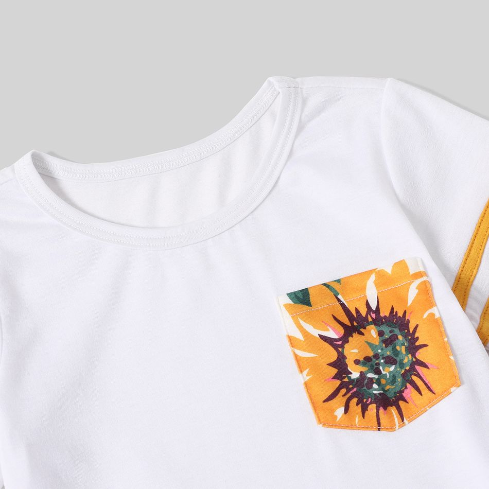 Family Matching Yellow Ruffle V Neck Spaghetti Strap Splicing Sunflowers Print Tiered Dresses and Short-sleeve T-shirts Sets Yellow big image 14