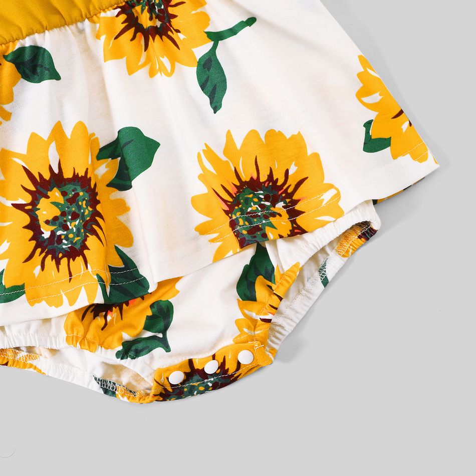 Family Matching Yellow Ruffle V Neck Spaghetti Strap Splicing Sunflowers Print Tiered Dresses and Short-sleeve T-shirts Sets Yellow big image 10