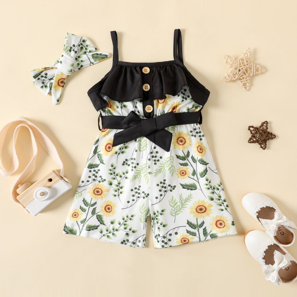2pcs Baby Girl Black Spaghetti Strap Belted Splicing Floral Print Romper with Headband Set Multi-color