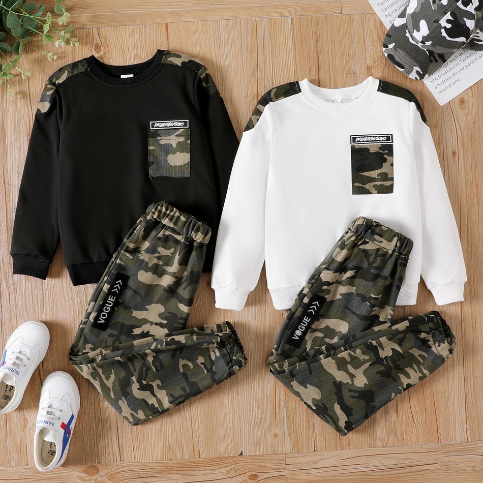 2-piece Kid Boy Camouflage Pocket Sweatshirt and Pants Sets White big image 2