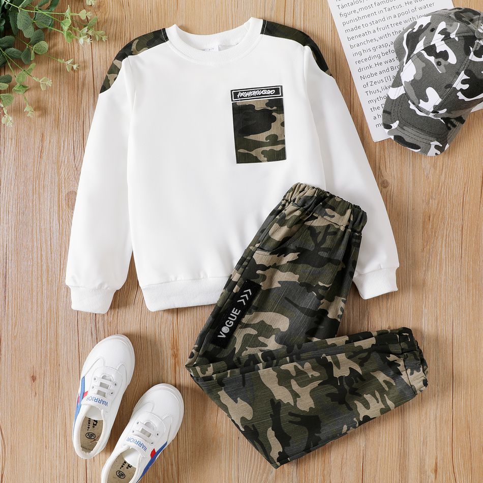 2-piece Kid Boy Camouflage Pocket Sweatshirt and Pants Sets White big image 1