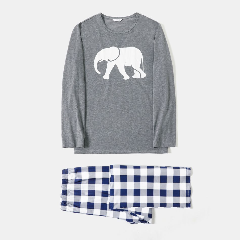 Family Matching Long-sleeve Elephant Print Plaid Pajamas Sets (Flame Resistant) Grey big image 3