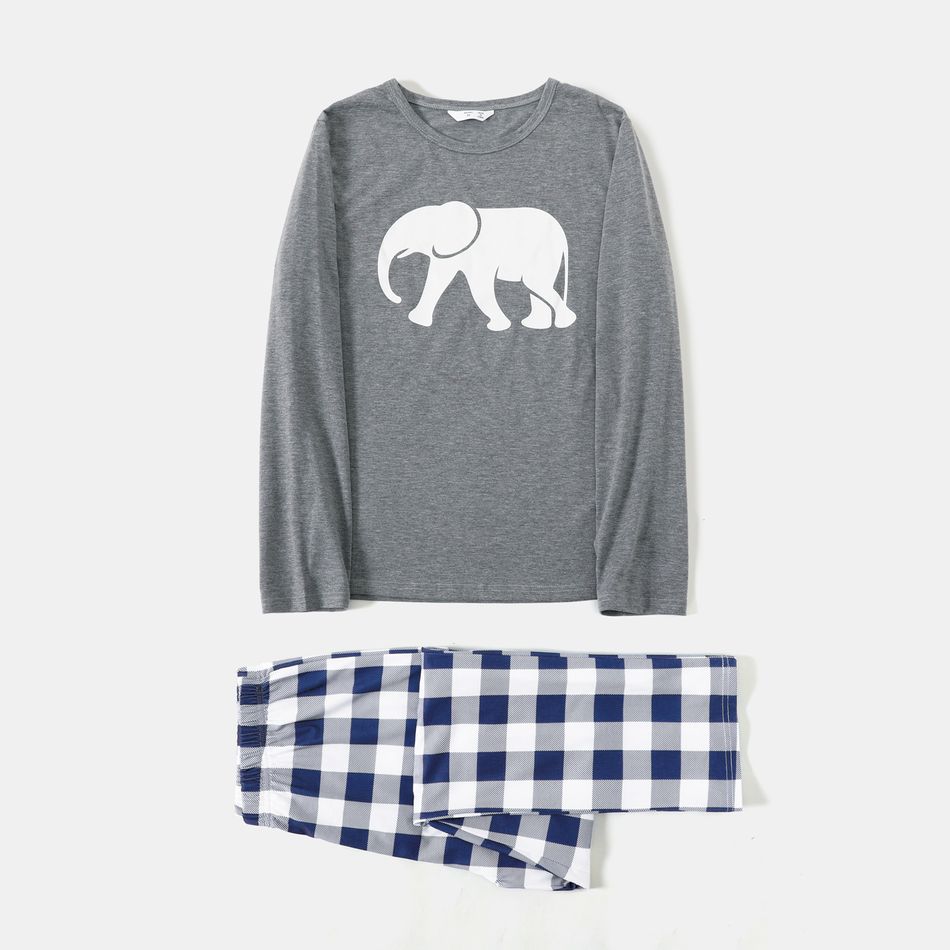 Family Matching Long-sleeve Elephant Print Plaid Pajamas Sets (Flame Resistant) Grey big image 2