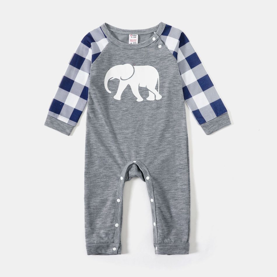 Family Matching Long-sleeve Elephant Print Plaid Pajamas Sets (Flame Resistant) Grey big image 5