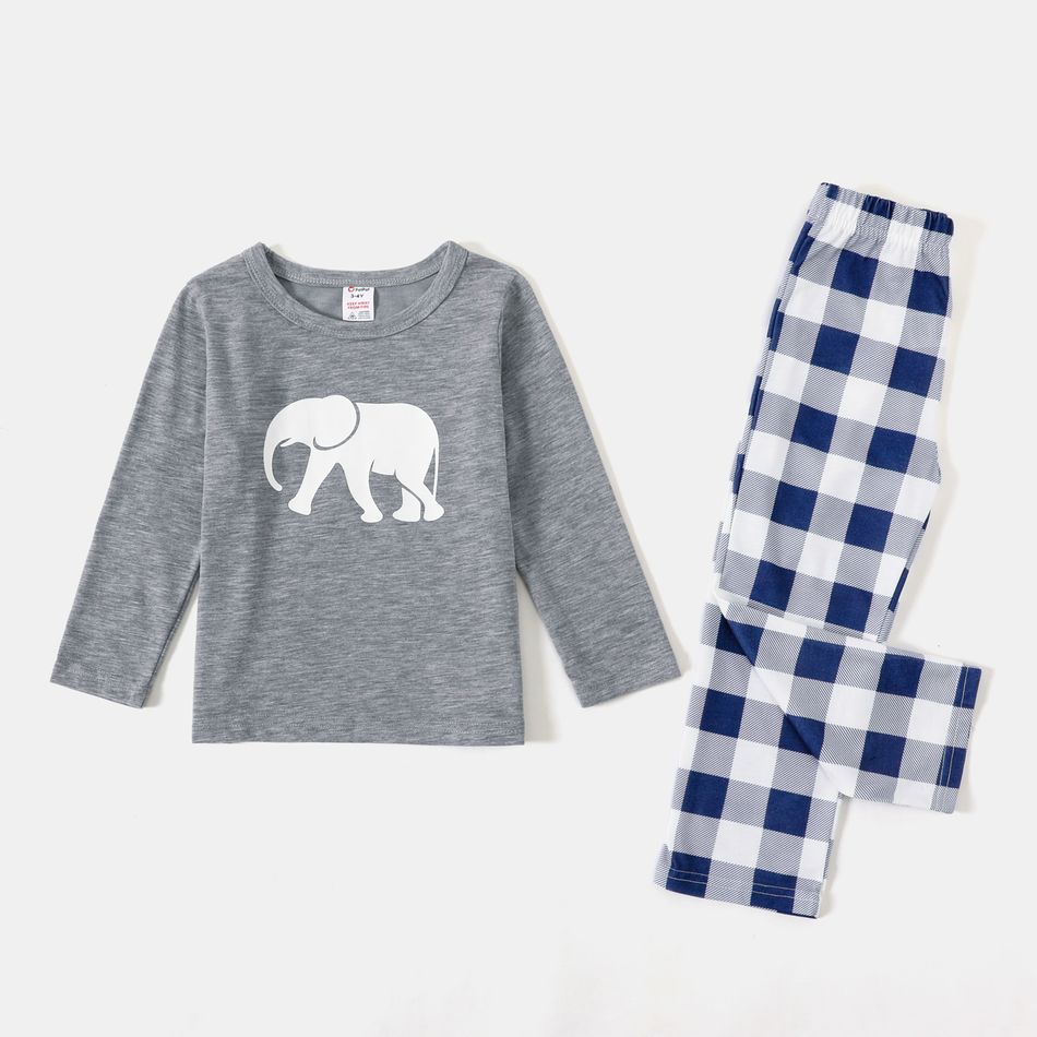 Family Matching Long-sleeve Elephant Print Plaid Pajamas Sets (Flame Resistant) Grey big image 4