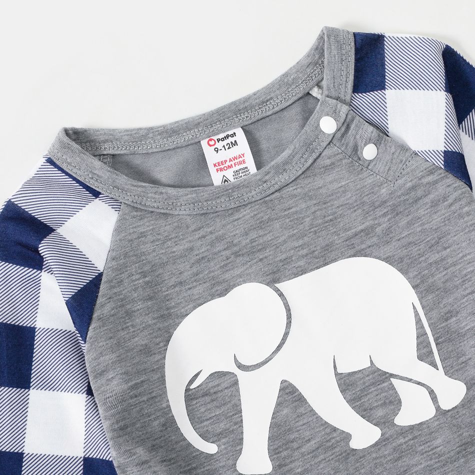 Family Matching Long-sleeve Elephant Print Plaid Pajamas Sets (Flame Resistant) Grey big image 8
