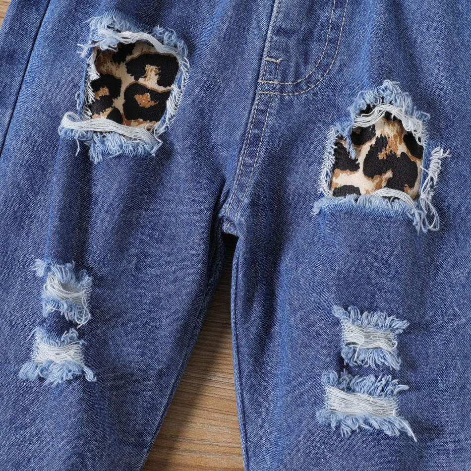 Toddler Girl Leopard Print Splice Ripped Denim Flared Jeans DENIMBLUE big image 2