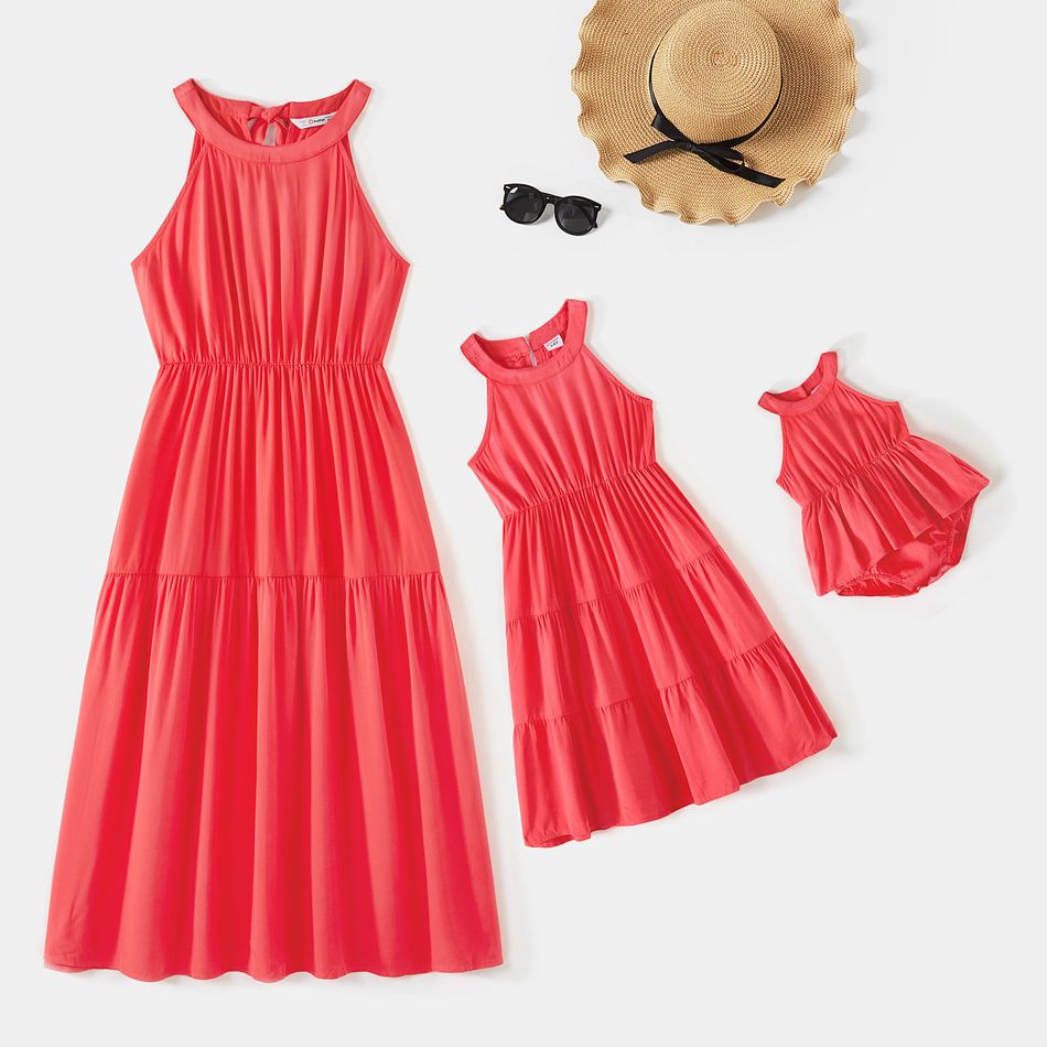 Solid Halter Neck Off Shoulder Tiered Dress for Mom and Me Watermelonred
