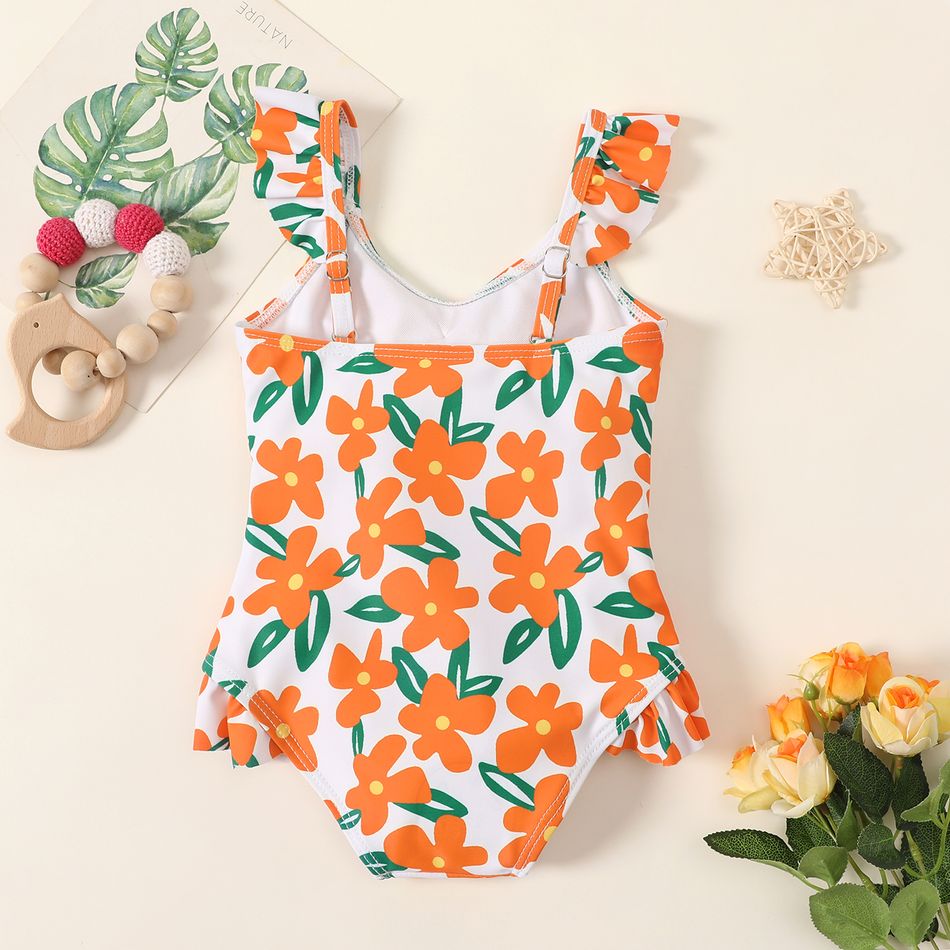 Baby Girl Flutter-sleeve Spaghetti Strap Floral Print Hollow-out One-Piece Swimsuit ColorBlock big image 2