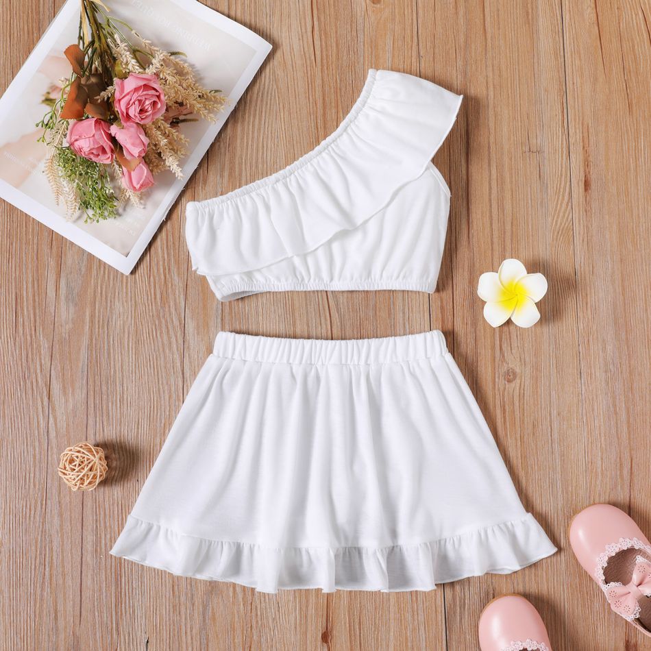 2pcs Toddler Girl Flounce One Shoulder White Tank Top and Ruffled Wrap Skirt Set White big image 2