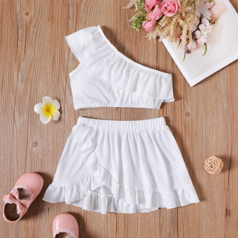 2pcs Toddler Girl Flounce One Shoulder White Tank Top and Ruffled Wrap Skirt Set White