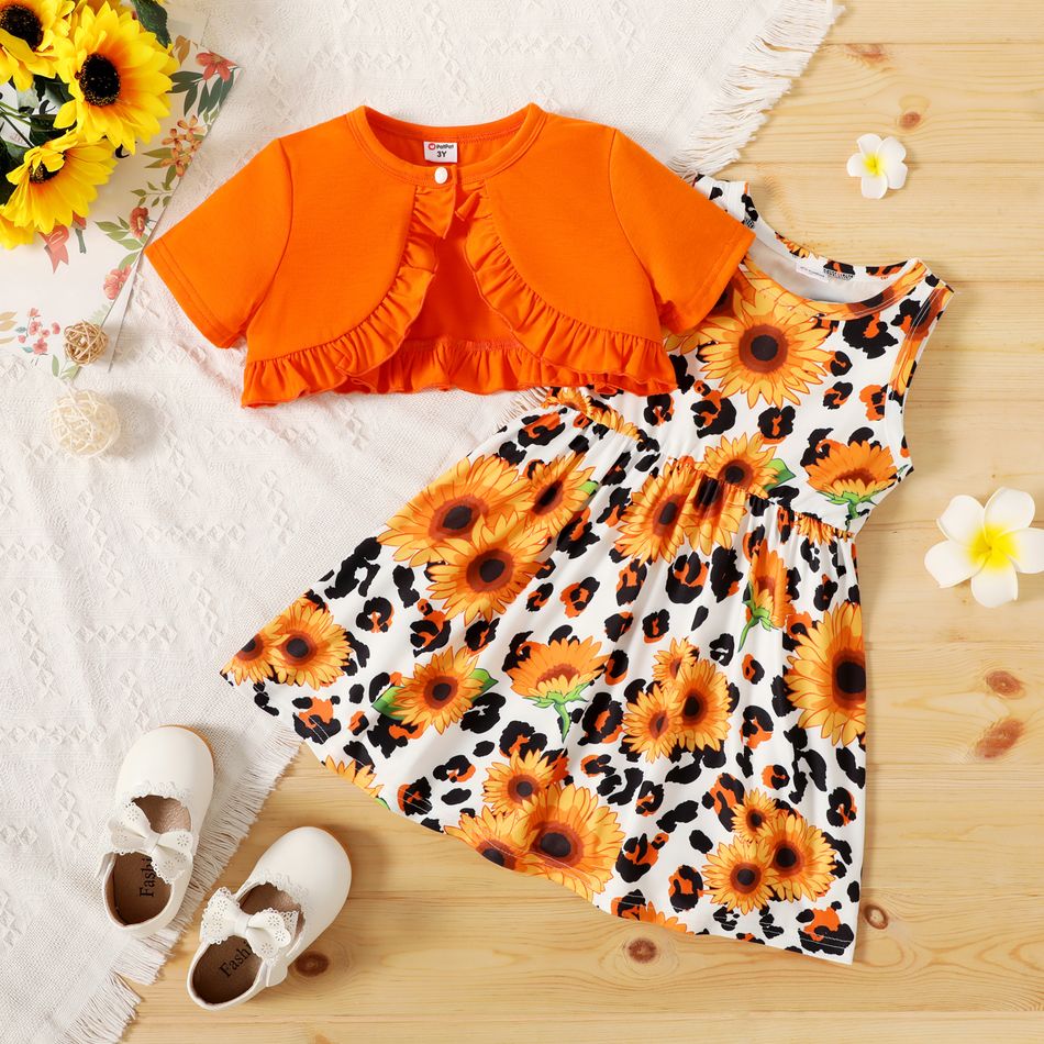 2pcs Toddler Girl Floral Print Sleeveless Dress and Ruffled Cardigan Set Orange