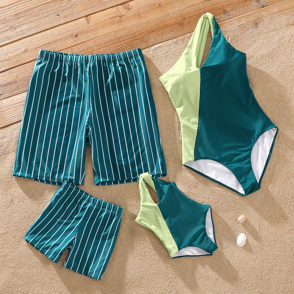 Family Matching Colorblock One Shoulder One-Piece Swimsuit and Striped Swim Trunks Shorts blackishgreen