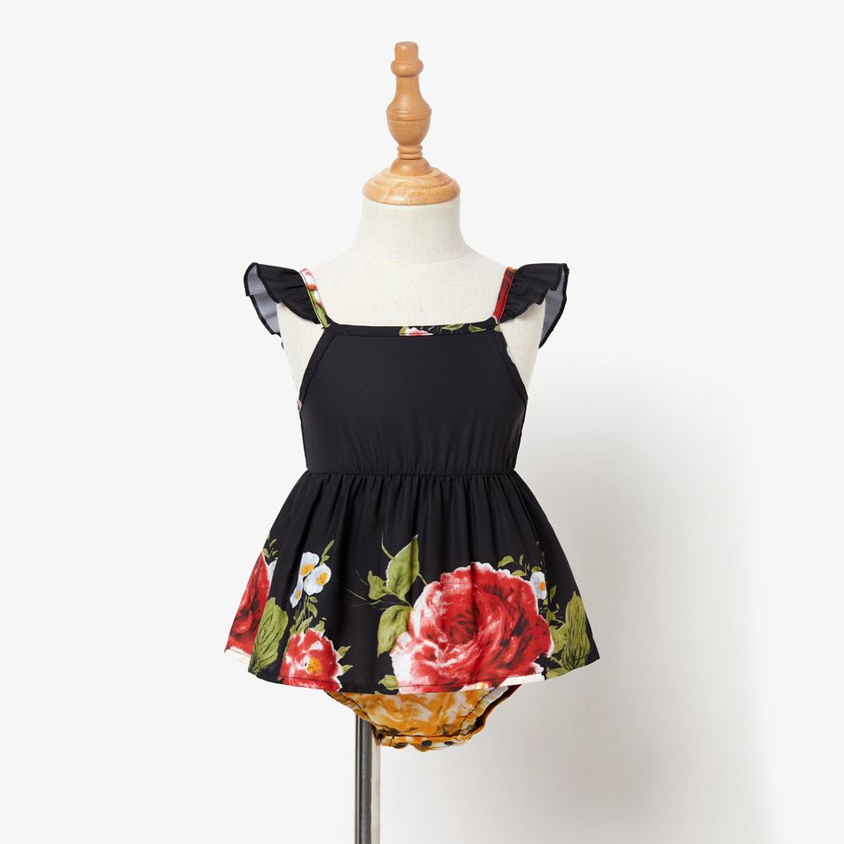 Floral Print Black Halter Neck Sleeveless Midi Dress for Mom and Me Black big image 13