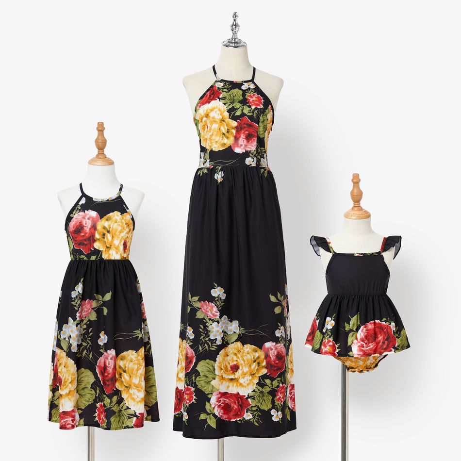 Floral Print Black Halter Neck Sleeveless Midi Dress for Mom and Me Black big image 1
