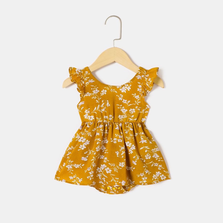 All Over Floral Print Yellow V Neck Ruffle-sleeve Belted Dress for Mom and Me Yellow big image 8
