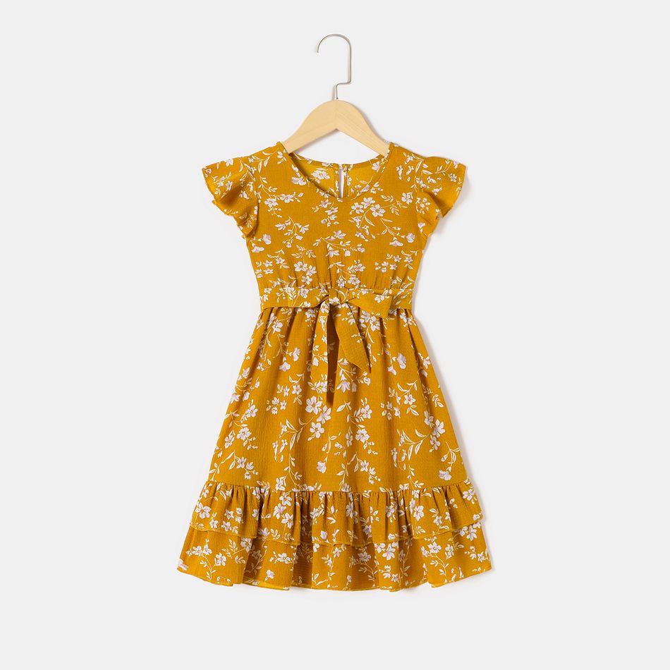 All Over Floral Print Yellow V Neck Ruffle-sleeve Belted Dress for Mom and Me Yellow big image 7