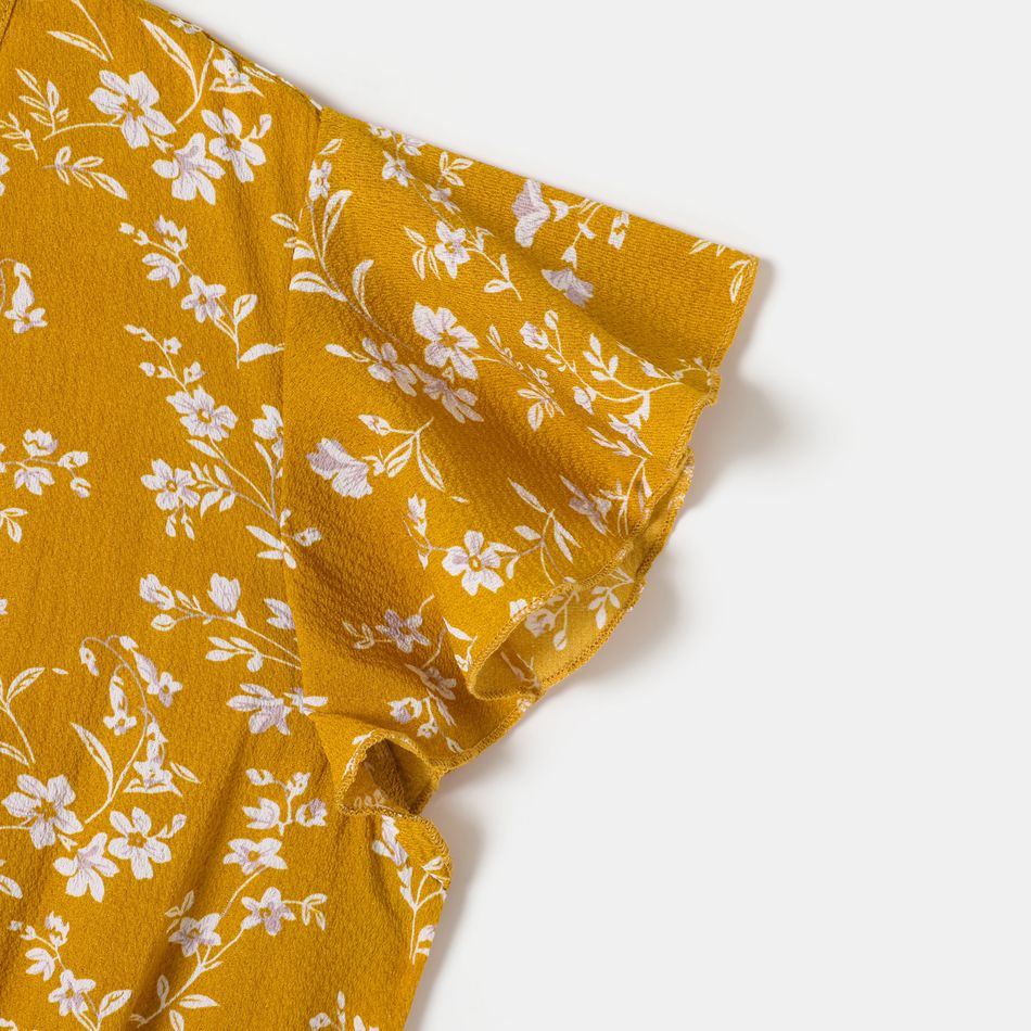 All Over Floral Print Yellow V Neck Ruffle-sleeve Belted Dress for Mom and Me Yellow big image 4