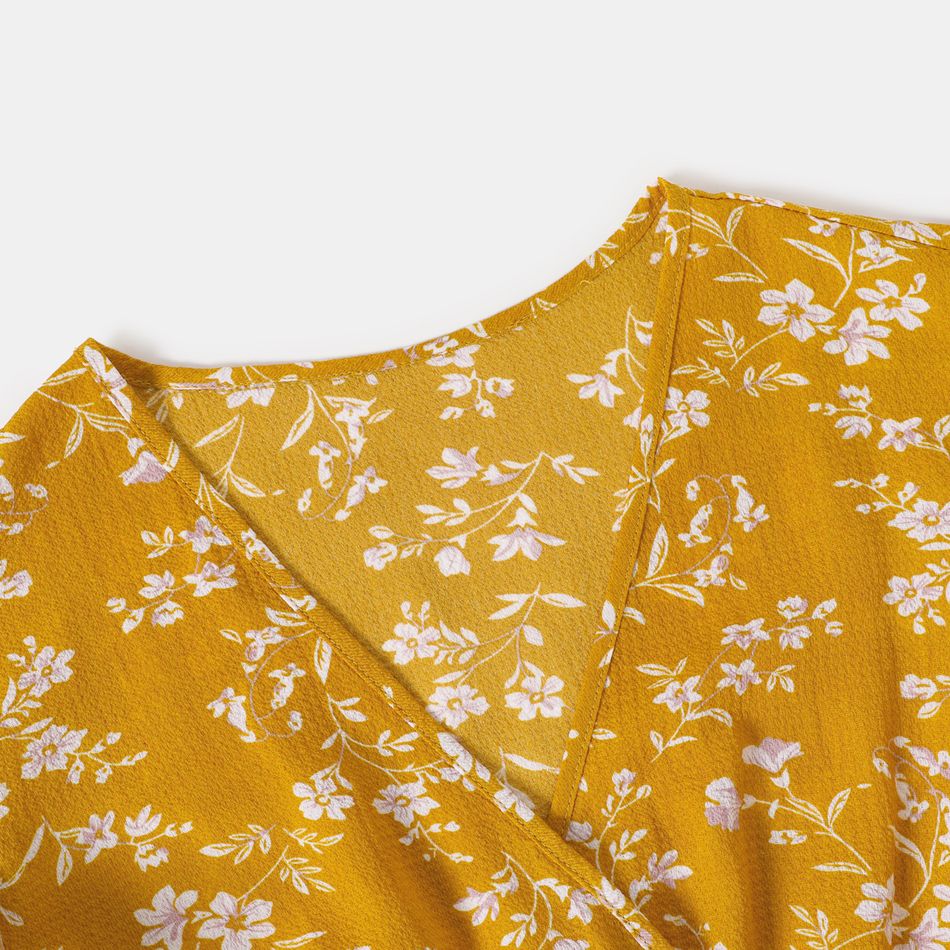 All Over Floral Print Yellow V Neck Ruffle-sleeve Belted Dress for Mom and Me Yellow big image 3