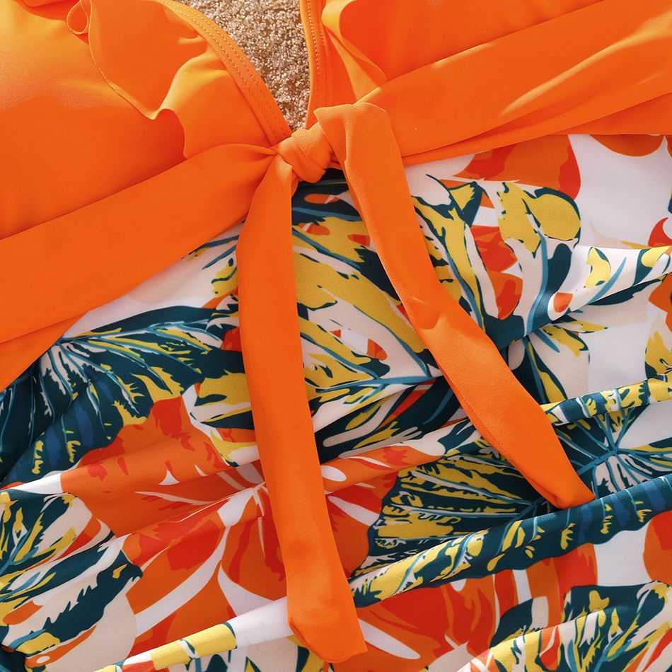 Family Matching Orange and All Over Tropical Plant Print Splicing Ruffle One-Piece Swimsuit and Swim Trunks Shorts Orange big image 8