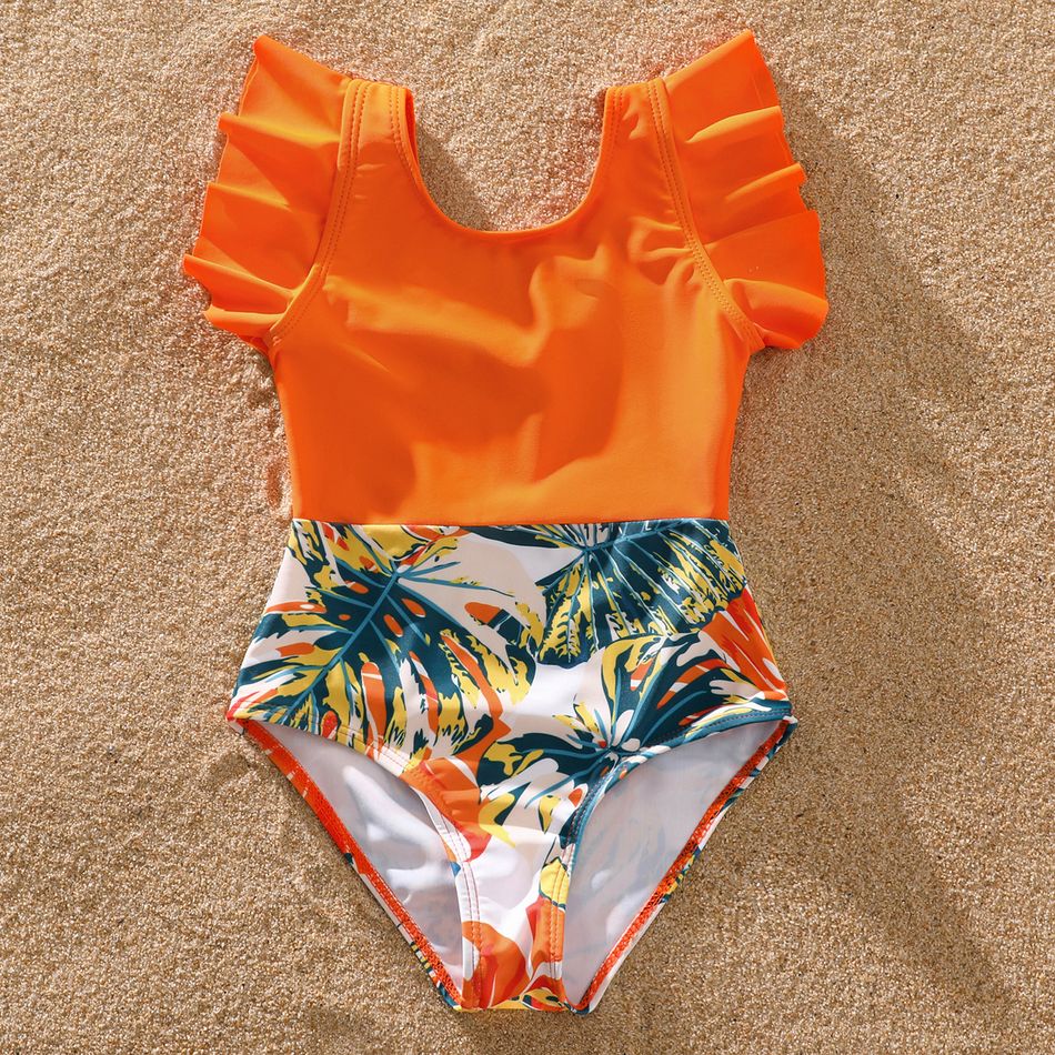 Family Matching Orange and All Over Tropical Plant Print Splicing Ruffle One-Piece Swimsuit and Swim Trunks Shorts Orange big image 9