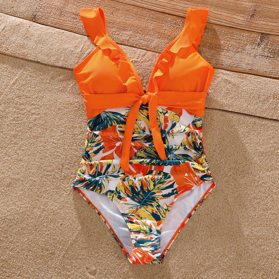 Family Matching Orange and All Over Tropical Plant Print Splicing Ruffle One-Piece Swimsuit and Swim Trunks Shorts Orange big image 6