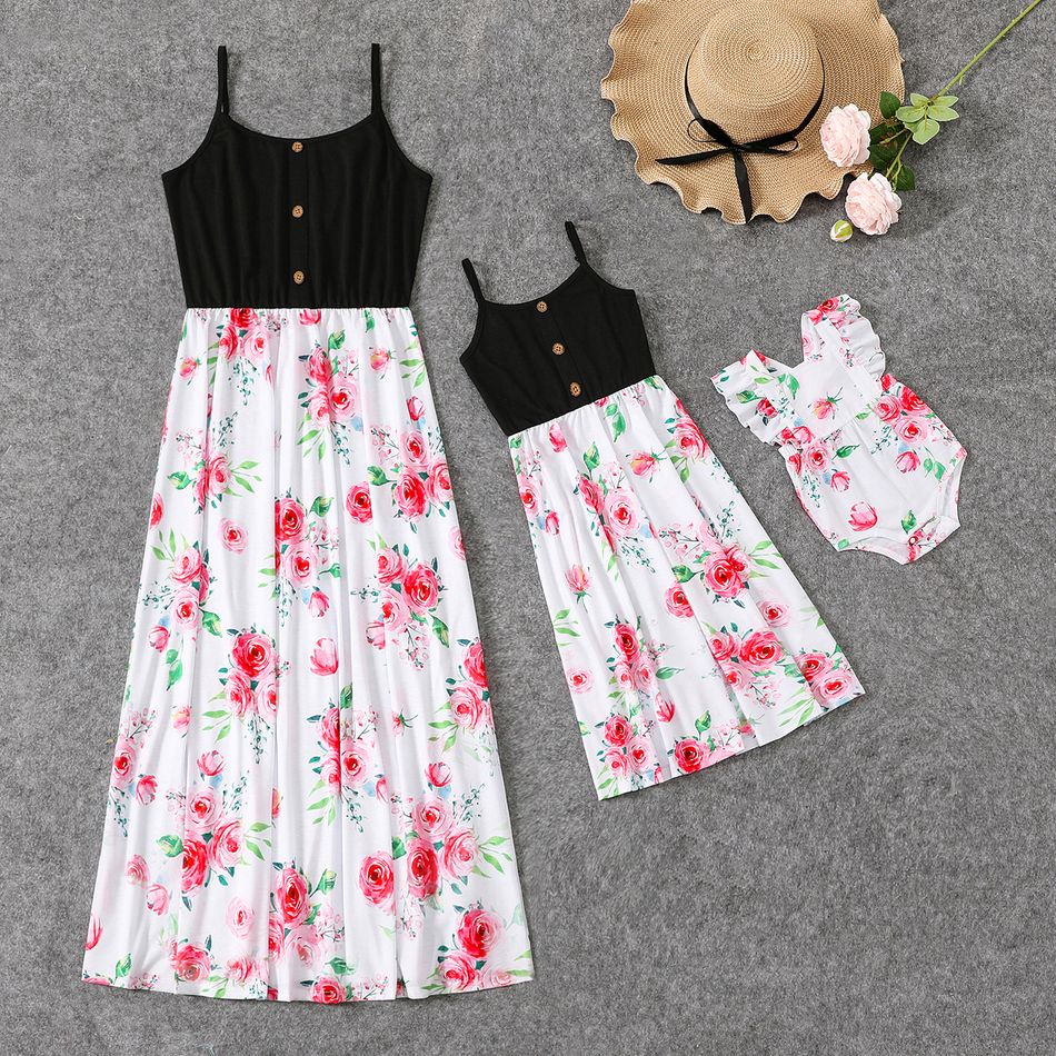 Black Spaghetti Strap Splicing Floral Print Midi Dress for Mom and Me White big image 1