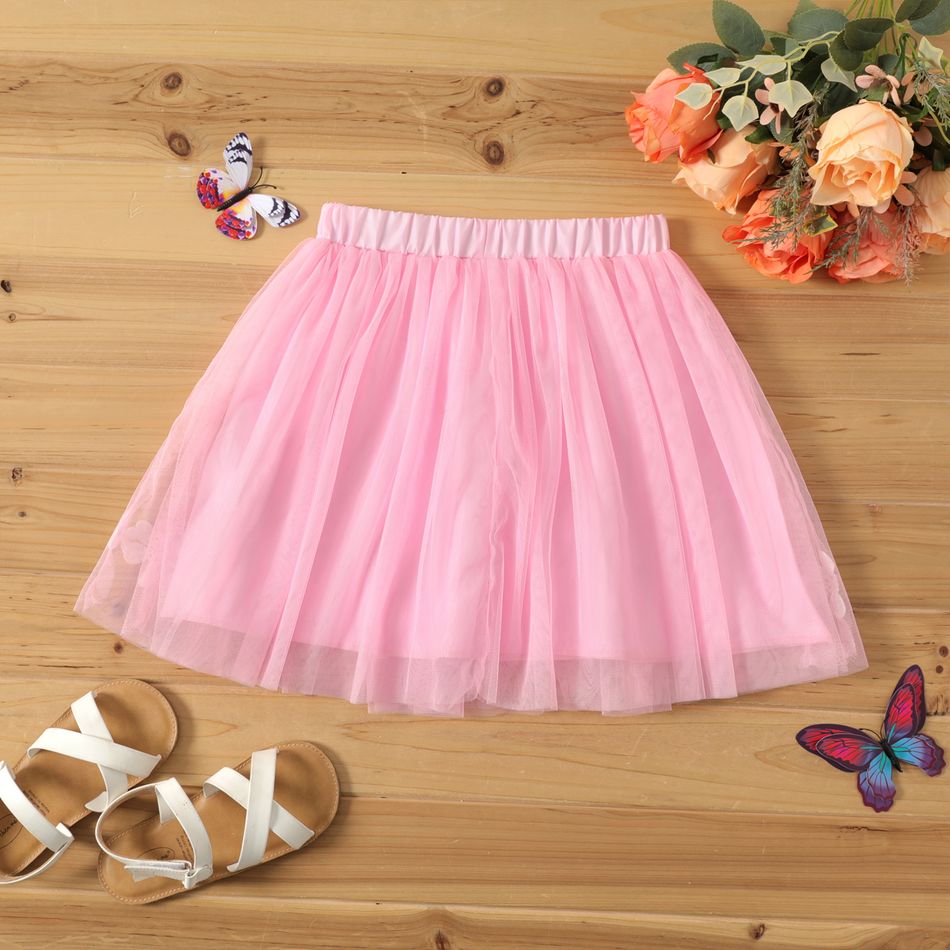 Kid Girl Floral Embroidered Bowknot Design Mesh Skirt Pink big image 3