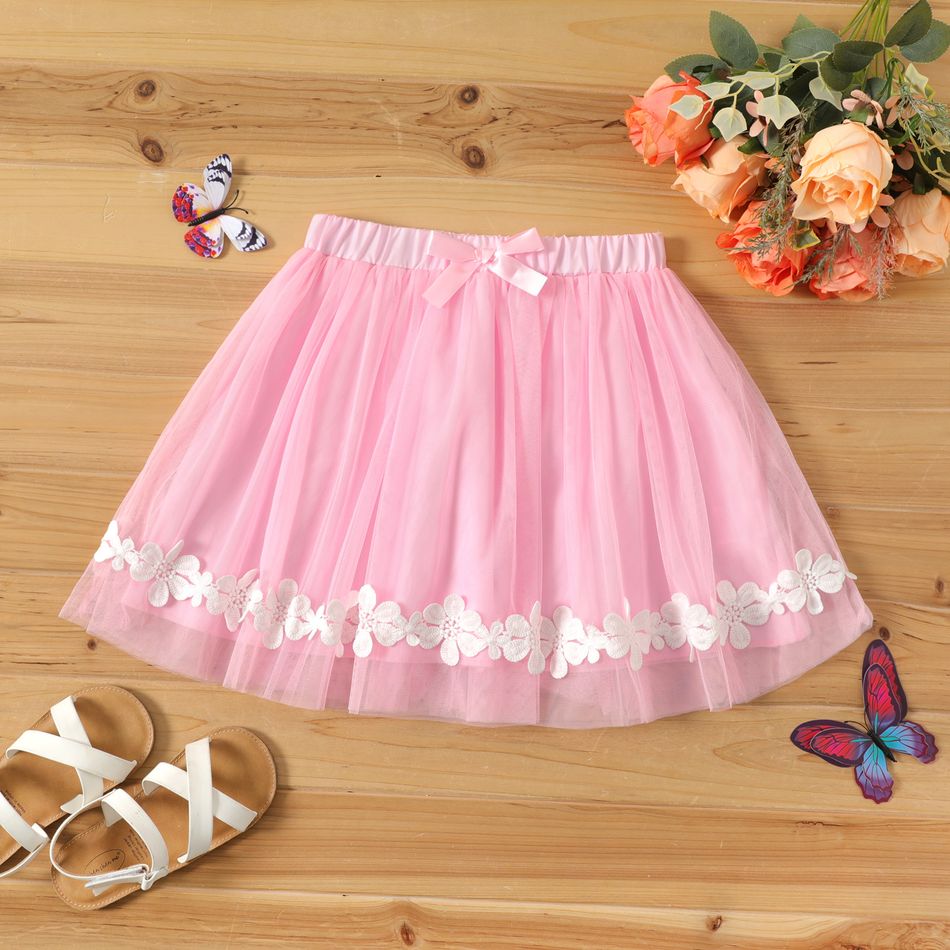 Kid Girl Floral Embroidered Bowknot Design Mesh Skirt Pink big image 1