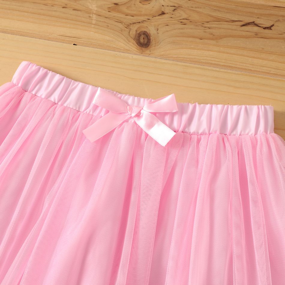 Kid Girl Floral Embroidered Bowknot Design Mesh Skirt Pink big image 4