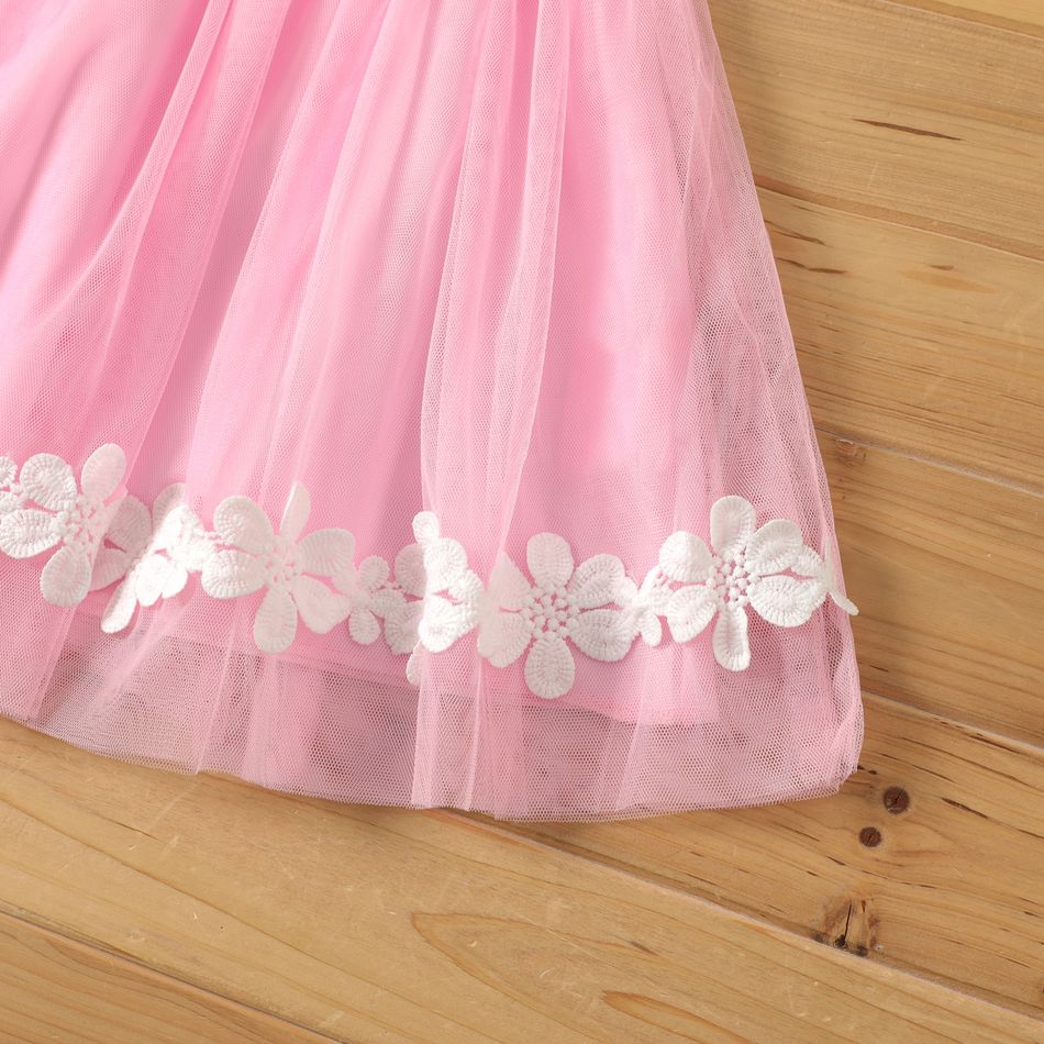 Kid Girl Floral Embroidered Bowknot Design Mesh Skirt Pink big image 5