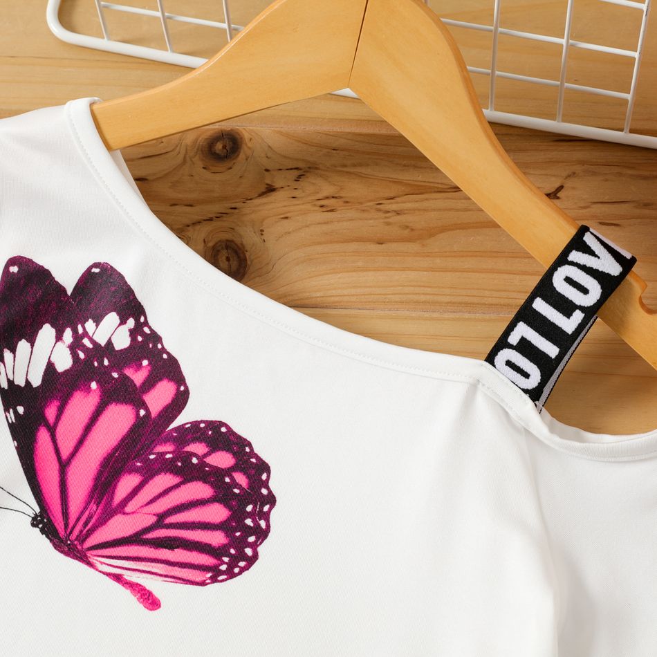 Kid Girl Butterfly Print Colorblock Cold Shoulder Short-sleeve Dress White big image 2